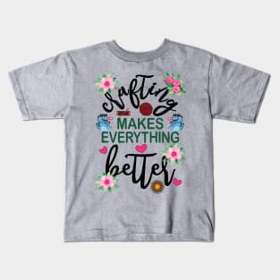 Crafting Makes Everything Better Dinosaur with Glasses Floral Kids T-Shirt